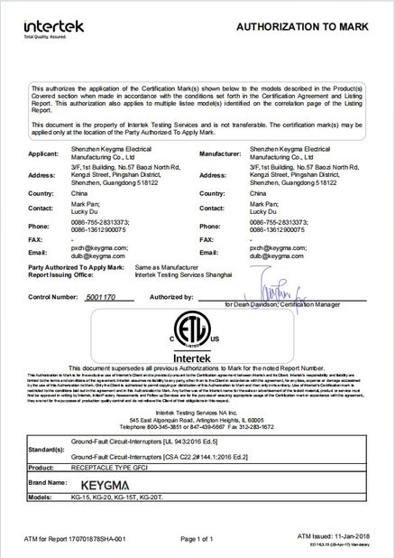 Porcellana Shenzhen Keygma Electrical Manufacturing Co.,Ltd Certificazioni